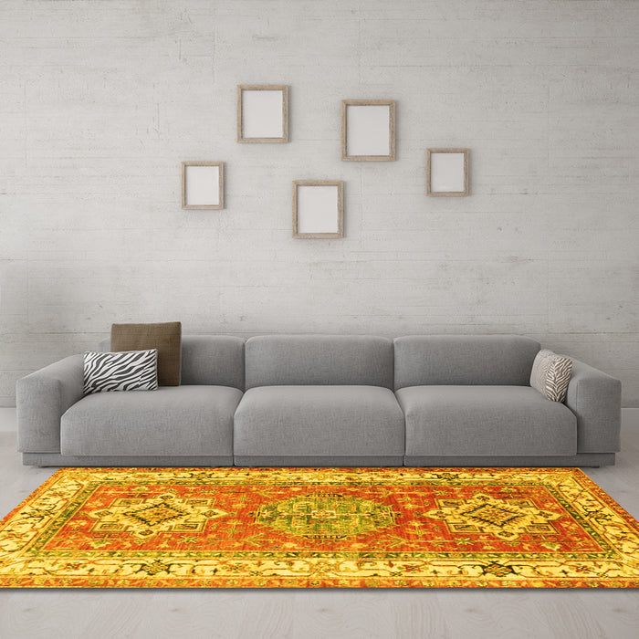 Machine Washable Geometric Yellow Traditional Rug in a Living Room, wshtr4656yw