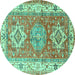Round Machine Washable Geometric Turquoise Traditional Area Rugs, wshtr4656turq