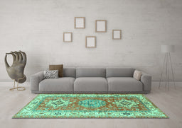 Machine Washable Geometric Turquoise Traditional Area Rugs in a Living Room,, wshtr4656turq