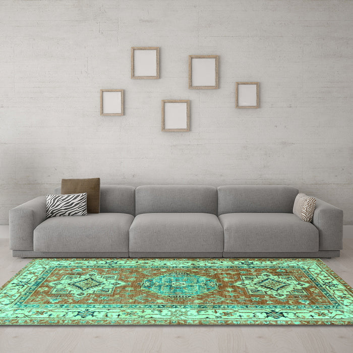Machine Washable Geometric Turquoise Traditional Area Rugs in a Living Room,, wshtr4656turq