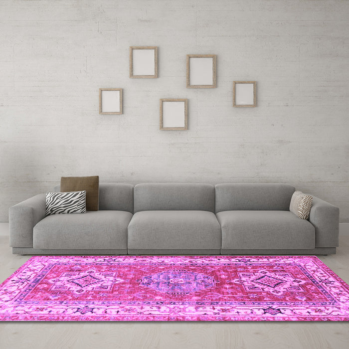 Machine Washable Geometric Purple Traditional Area Rugs in a Living Room, wshtr4656pur