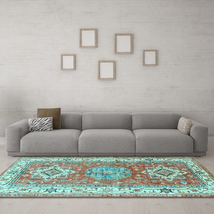 Machine Washable Geometric Light Blue Traditional Rug in a Living Room, wshtr4656lblu