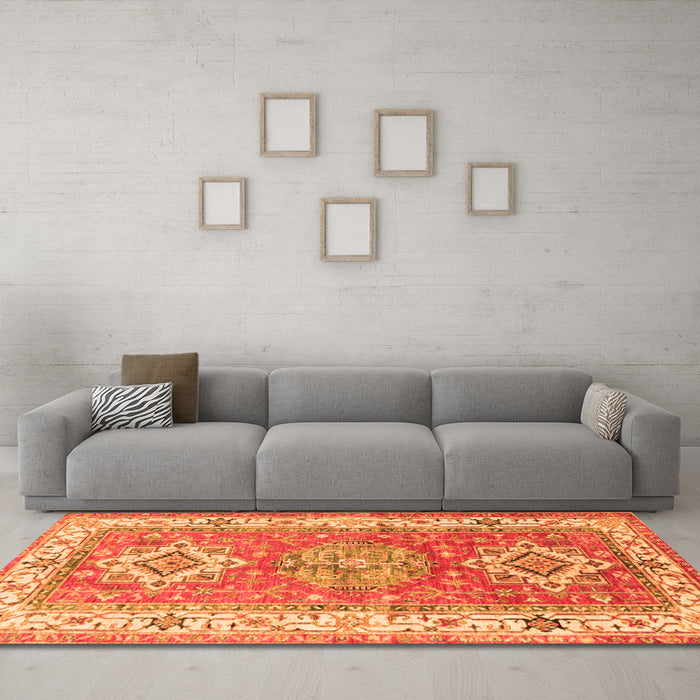 Machine Washable Geometric Orange Traditional Area Rugs in a Living Room, wshtr4656org