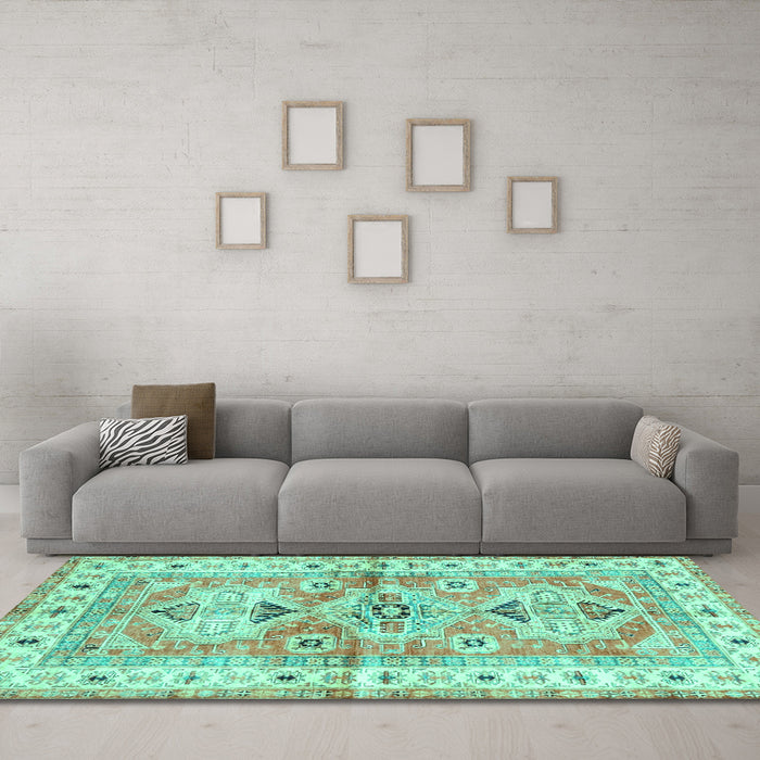 Machine Washable Geometric Turquoise Traditional Area Rugs in a Living Room,, wshtr4657turq