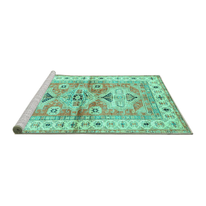 Sideview of Machine Washable Geometric Turquoise Traditional Area Rugs, wshtr4657turq