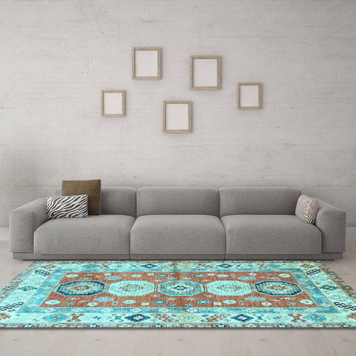 Machine Washable Geometric Light Blue Traditional Rug in a Living Room, wshtr4658lblu