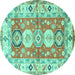 Round Machine Washable Geometric Turquoise Traditional Area Rugs, wshtr4658turq