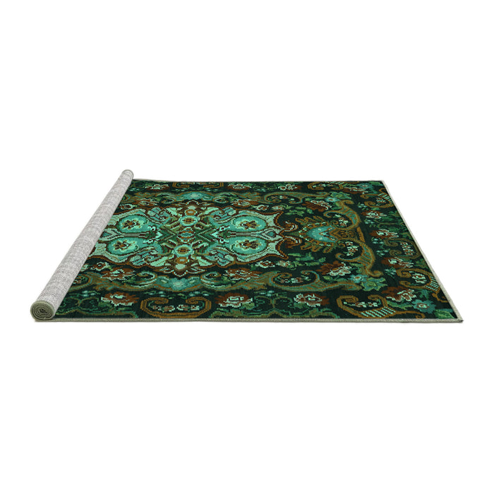 Sideview of Machine Washable Medallion Turquoise French Area Rugs, wshtr465turq