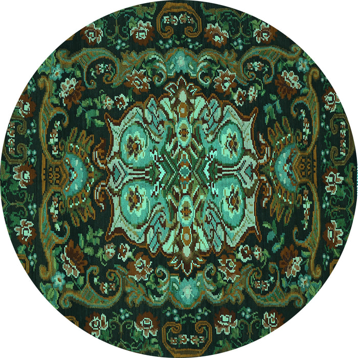 Round Machine Washable Medallion Turquoise French Area Rugs, wshtr465turq