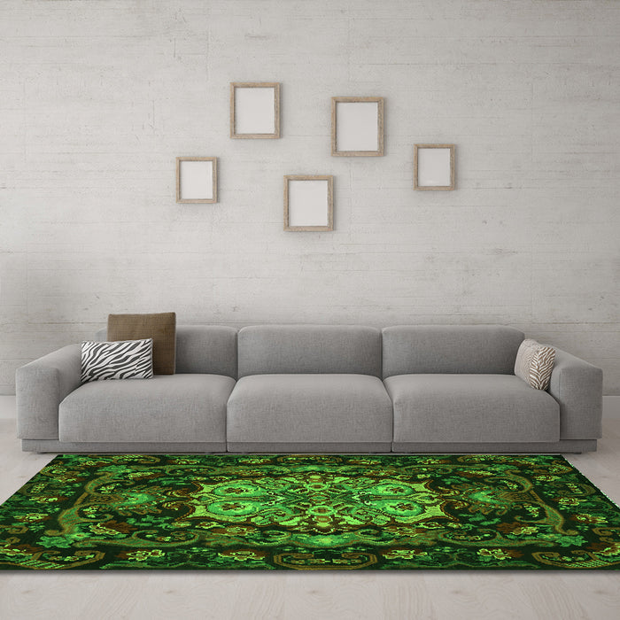 Machine Washable Medallion Green French Area Rugs in a Living Room,, wshtr465grn
