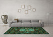 Machine Washable Medallion Turquoise French Area Rugs in a Living Room,, wshtr465turq