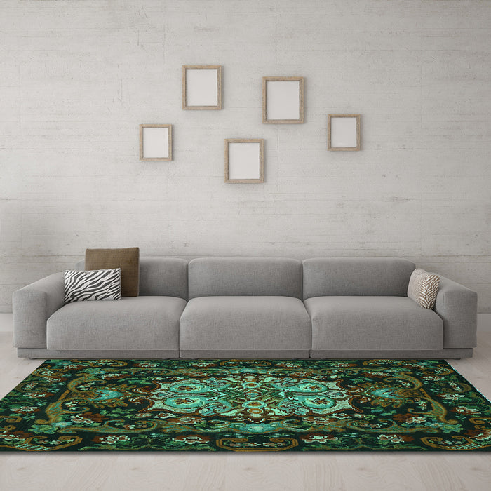 Machine Washable Medallion Turquoise French Area Rugs in a Living Room,, wshtr465turq