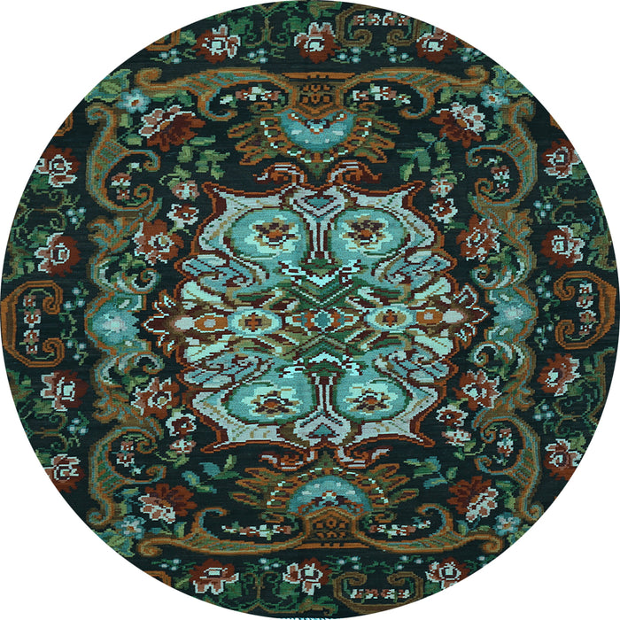 Round Machine Washable Medallion Light Blue French Rug, wshtr465lblu