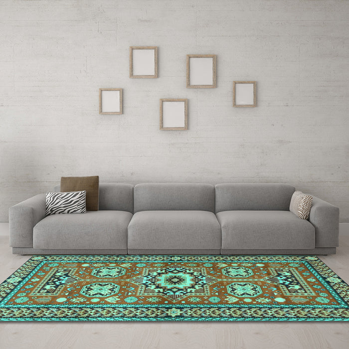 Machine Washable Persian Turquoise Traditional Area Rugs in a Living Room,, wshtr4662turq
