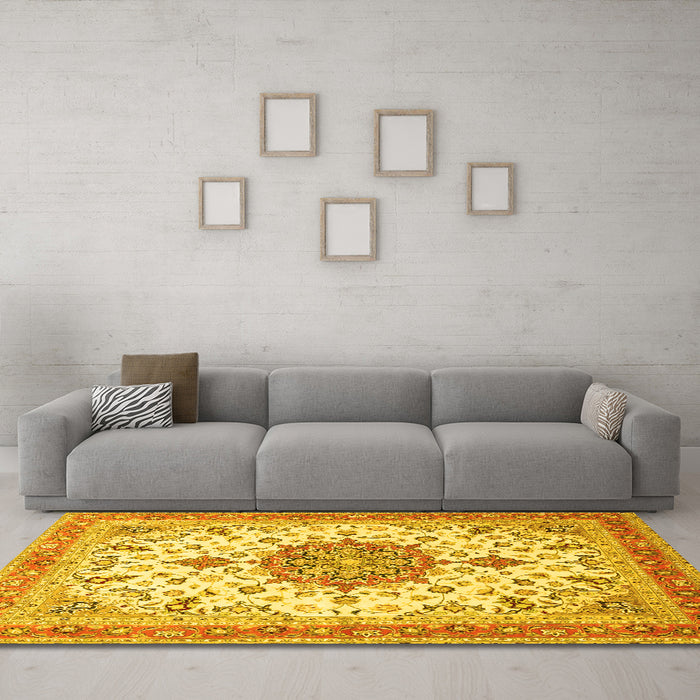 Machine Washable Persian Yellow Traditional Rug in a Living Room, wshtr4663yw