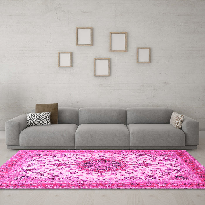 Machine Washable Persian Pink Traditional Rug in a Living Room, wshtr4663pnk