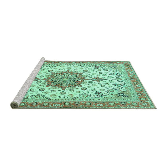 Sideview of Machine Washable Persian Turquoise Traditional Area Rugs, wshtr4663turq