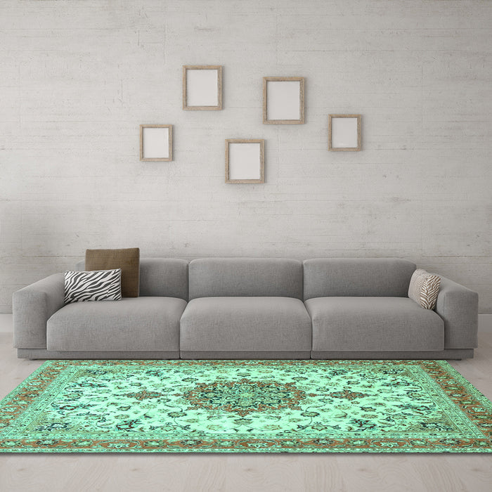 Machine Washable Persian Turquoise Traditional Area Rugs in a Living Room,, wshtr4663turq