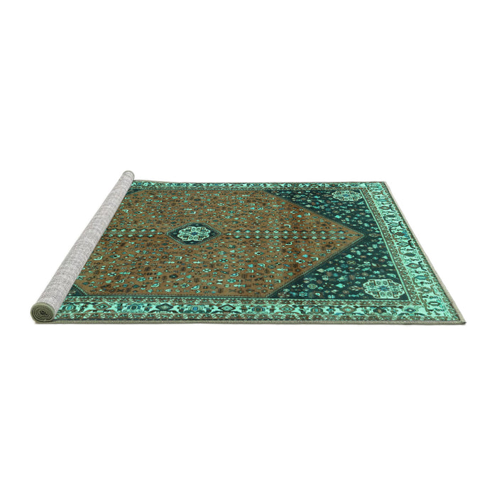 Sideview of Machine Washable Medallion Turquoise Traditional Area Rugs, wshtr4664turq