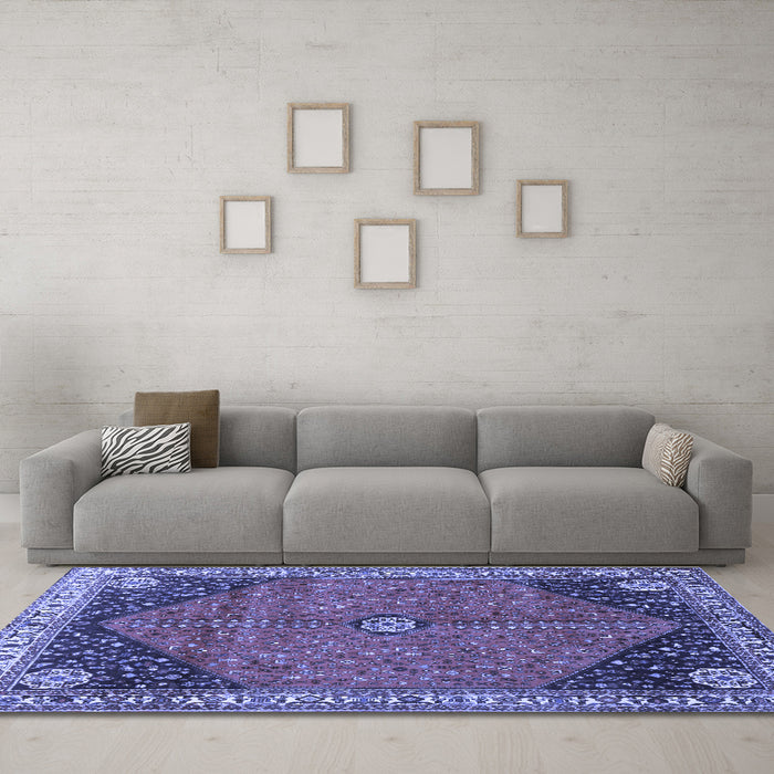 Machine Washable Medallion Blue Traditional Rug in a Living Room, wshtr4664blu