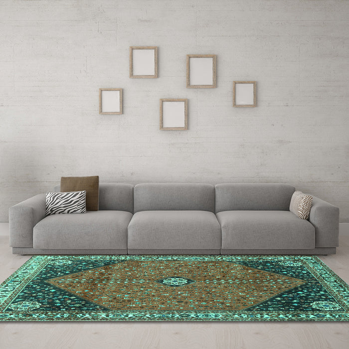 Machine Washable Medallion Turquoise Traditional Area Rugs in a Living Room,, wshtr4664turq