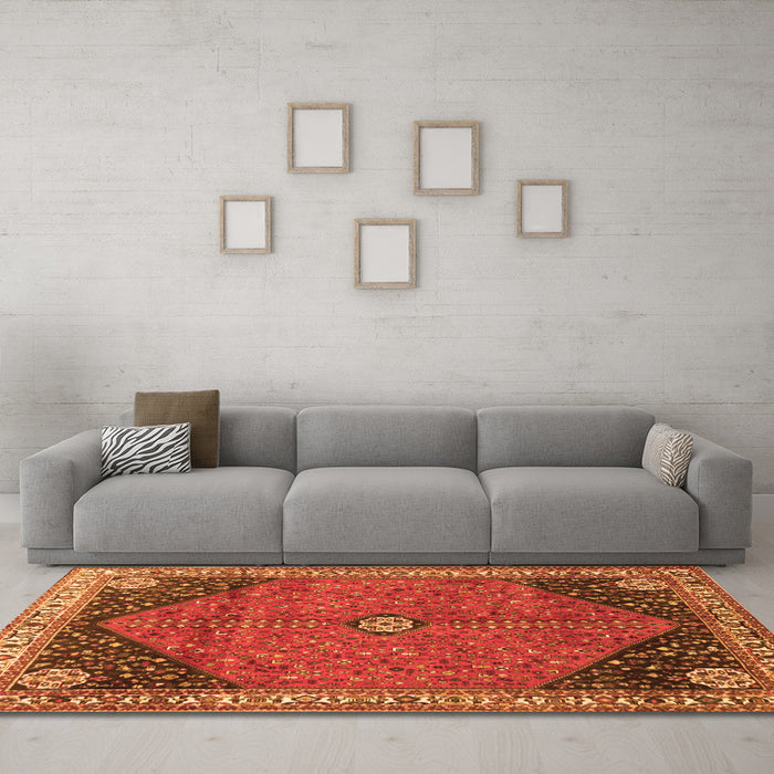 Machine Washable Medallion Orange Traditional Area Rugs in a Living Room, wshtr4664org
