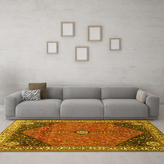 Machine Washable Medallion Yellow Traditional Rug in a Living Room, wshtr4664yw