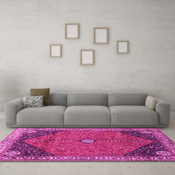 Machine Washable Medallion Pink Traditional Rug in a Living Room, wshtr4664pnk