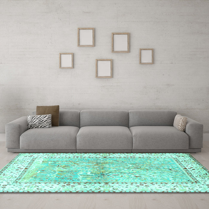 Machine Washable Animal Turquoise Traditional Area Rugs in a Living Room,, wshtr4665turq