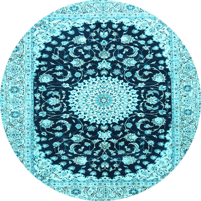 Round Machine Washable Medallion Light Blue Traditional Rug, wshtr4666lblu