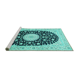 Sideview of Machine Washable Medallion Turquoise Traditional Area Rugs, wshtr4666turq