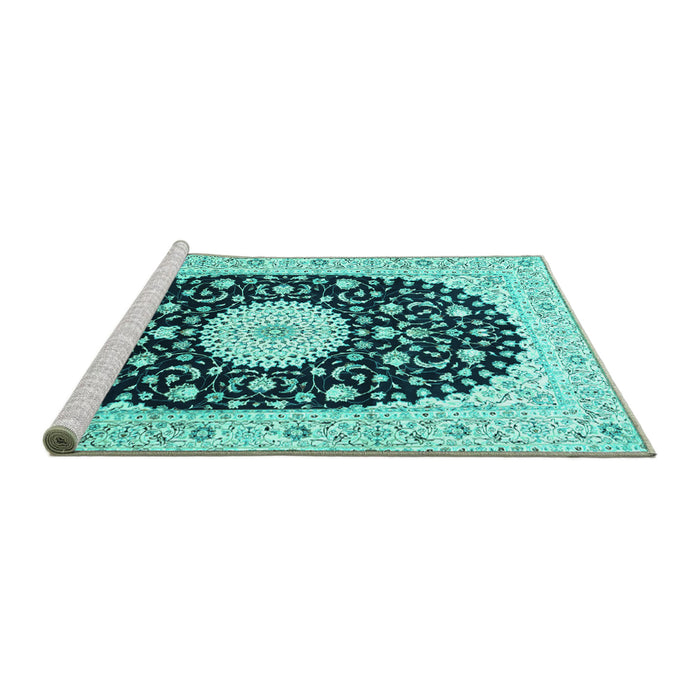 Sideview of Machine Washable Medallion Turquoise Traditional Area Rugs, wshtr4666turq
