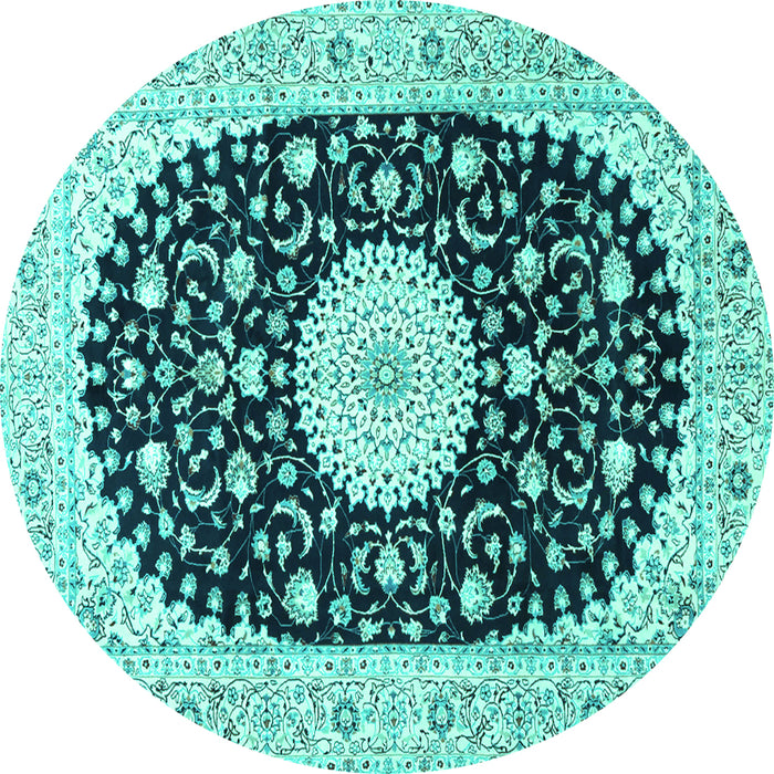 Round Machine Washable Medallion Turquoise Traditional Area Rugs, wshtr4666turq