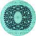 Round Machine Washable Medallion Turquoise Traditional Area Rugs, wshtr4666turq