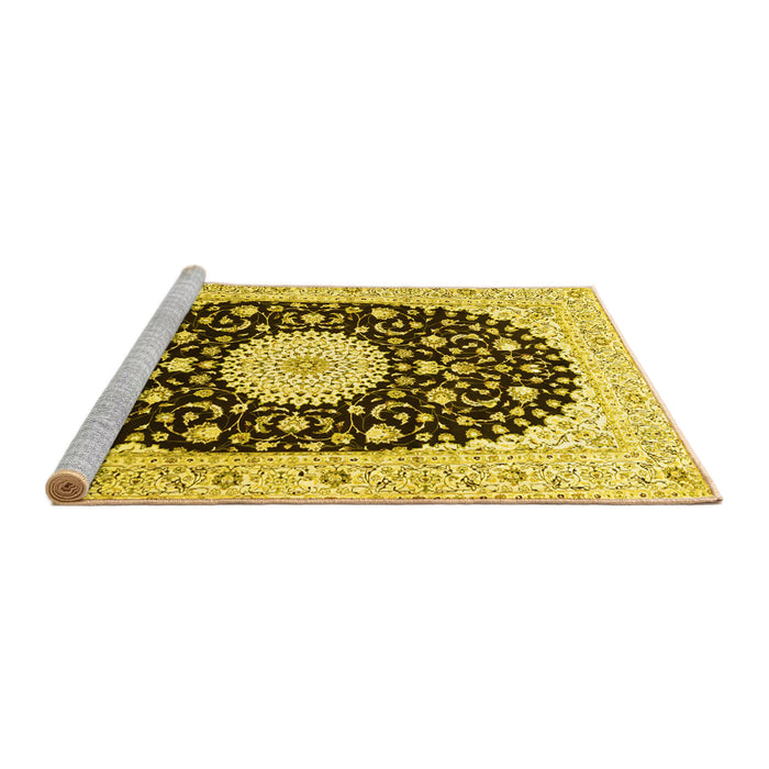 Sideview of Machine Washable Medallion Yellow Traditional Rug, wshtr4666yw