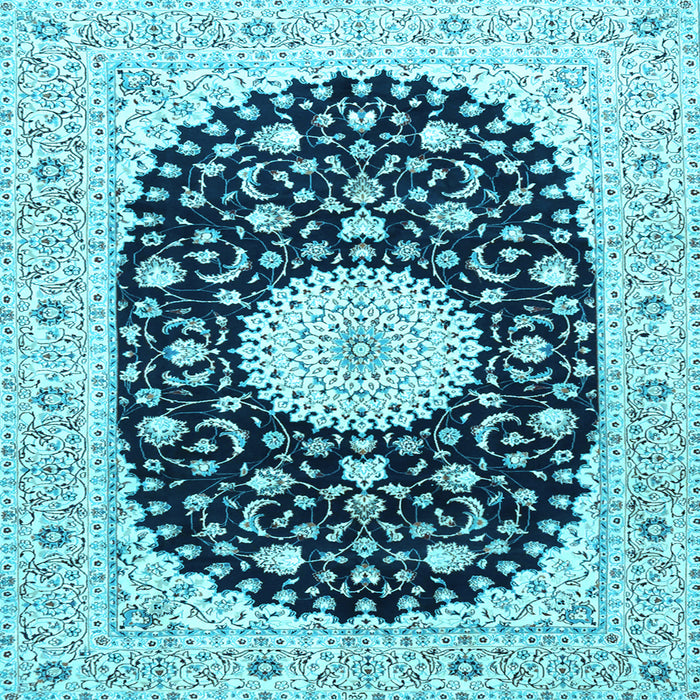 Square Machine Washable Medallion Light Blue Traditional Rug, wshtr4666lblu