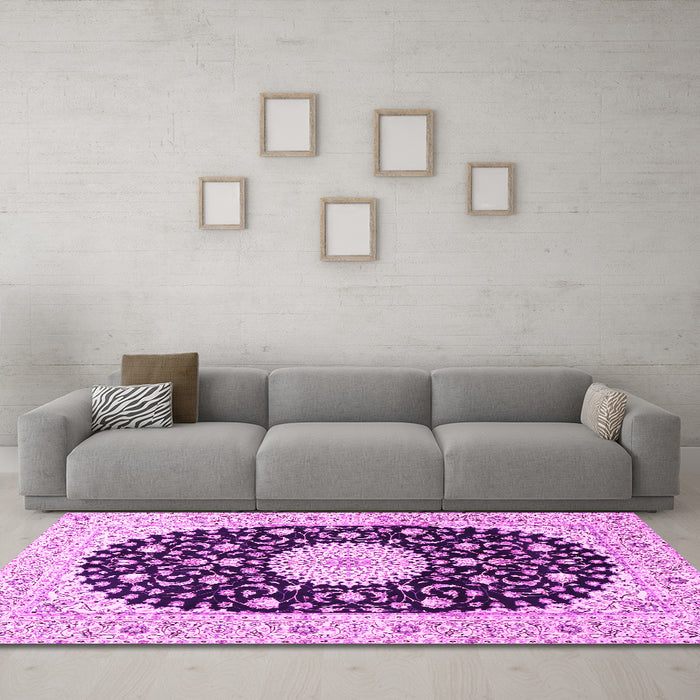 Machine Washable Medallion Pink Traditional Rug in a Living Room, wshtr4666pnk
