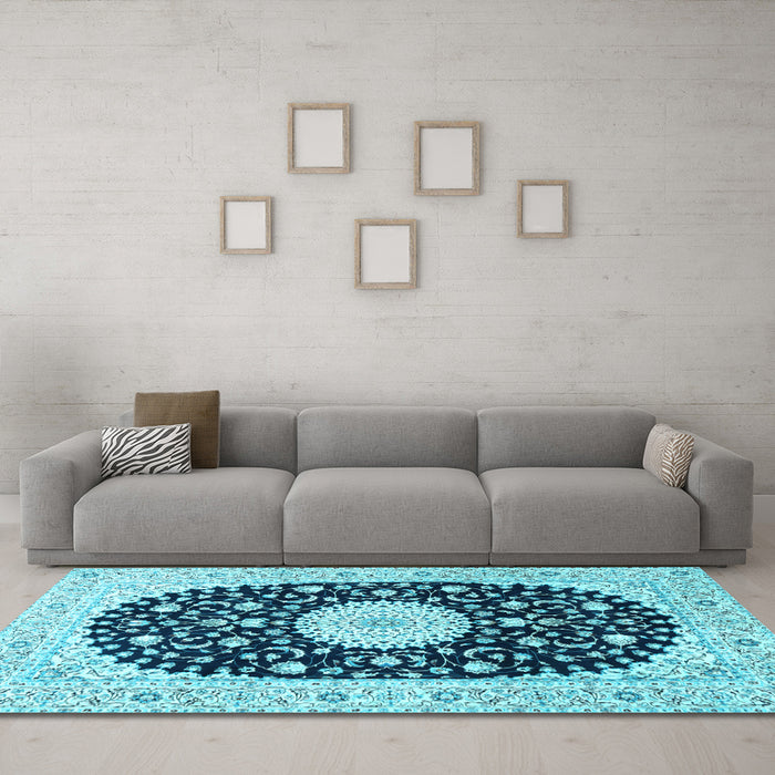 Machine Washable Medallion Light Blue Traditional Rug in a Living Room, wshtr4666lblu