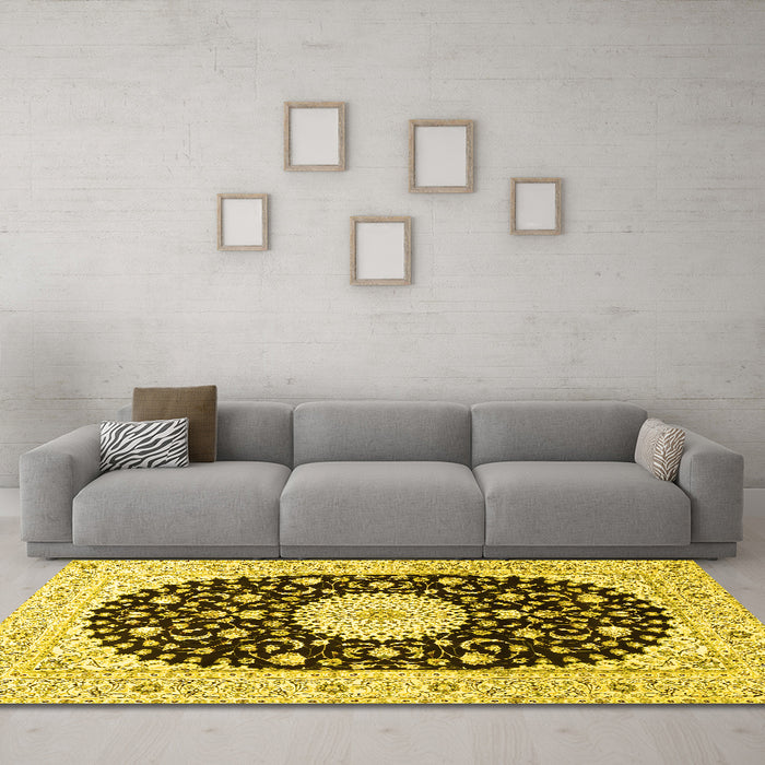 Machine Washable Medallion Yellow Traditional Rug in a Living Room, wshtr4666yw