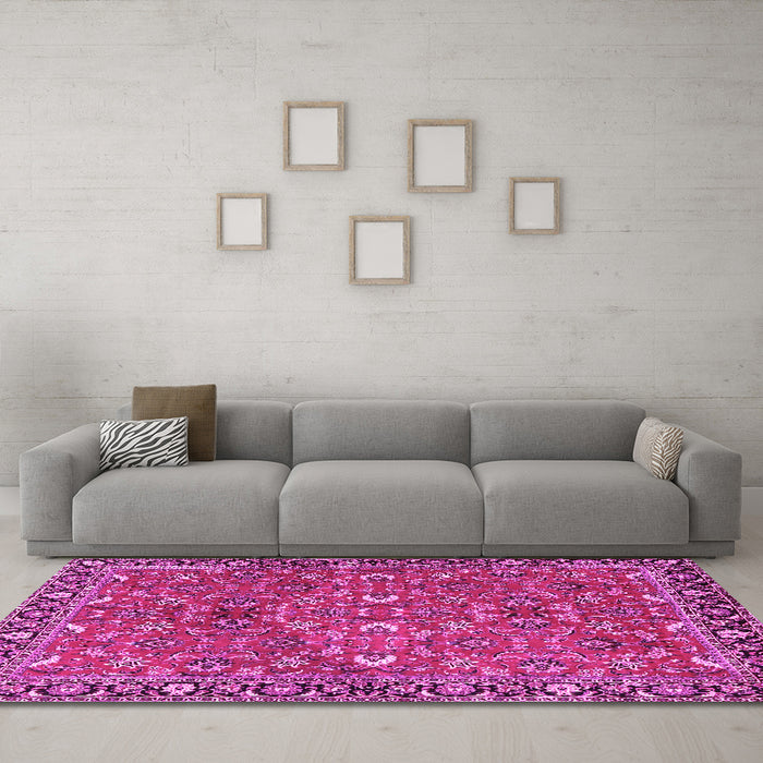 Machine Washable Oriental Pink Traditional Rug in a Living Room, wshtr4667pnk