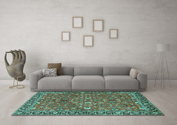 Machine Washable Oriental Turquoise Traditional Area Rugs in a Living Room,, wshtr4667turq