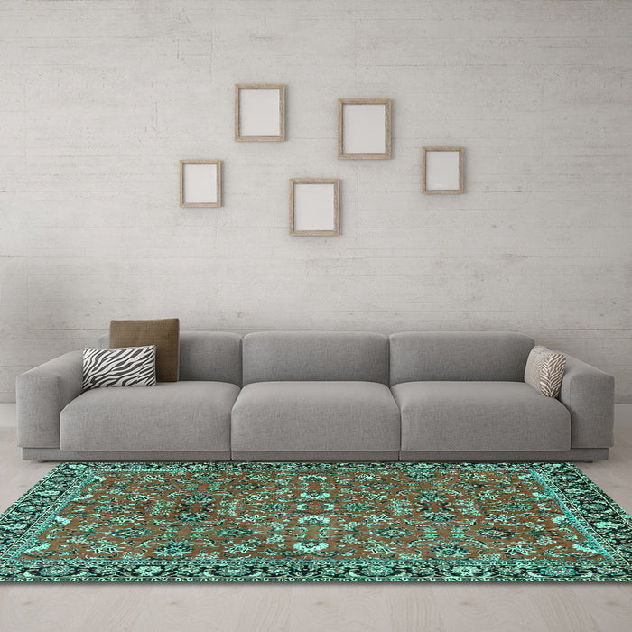 Machine Washable Oriental Turquoise Traditional Area Rugs in a Living Room,, wshtr4667turq