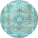 Round Machine Washable Medallion Light Blue Traditional Rug, wshtr4668lblu