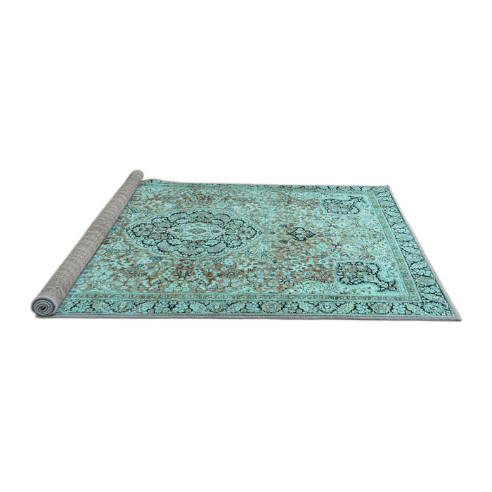 Sideview of Machine Washable Medallion Light Blue Traditional Rug, wshtr4668lblu