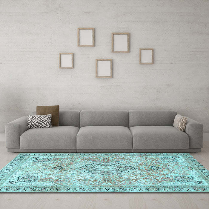 Machine Washable Medallion Light Blue Traditional Rug in a Living Room, wshtr4668lblu
