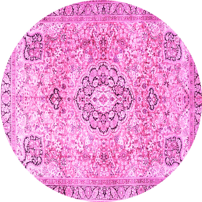 Round Machine Washable Medallion Pink Traditional Rug, wshtr4668pnk