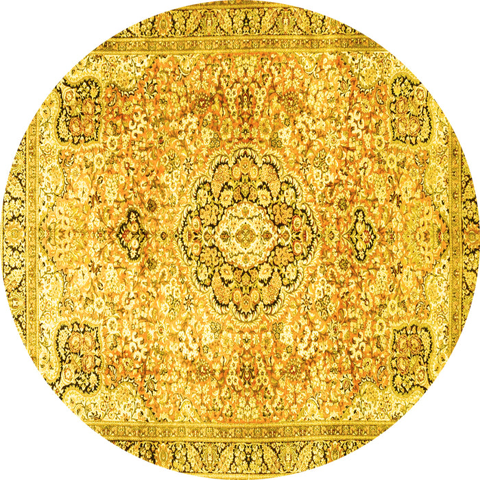 Round Machine Washable Medallion Yellow Traditional Rug, wshtr4668yw