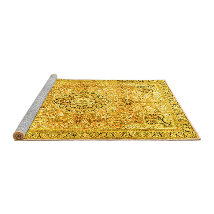 Sideview of Machine Washable Medallion Yellow Traditional Rug, wshtr4668yw