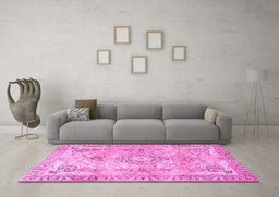 Machine Washable Medallion Pink Traditional Rug in a Living Room, wshtr4668pnk