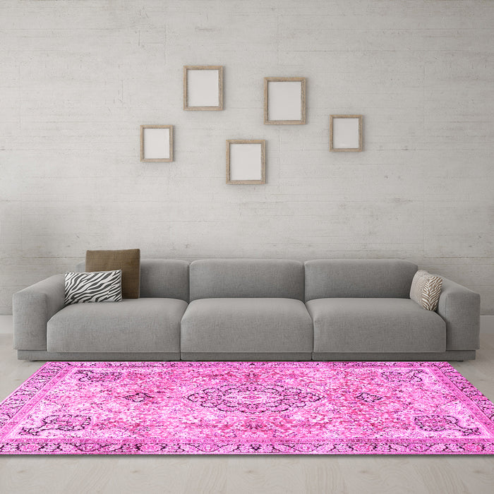 Machine Washable Medallion Pink Traditional Rug in a Living Room, wshtr4668pnk